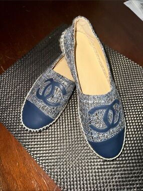 CHANEL Blue Tweed Espadrille Flats with Leather Cap Toe ~ Make an offer!